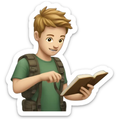 Young white man taking a photo of a book sticker