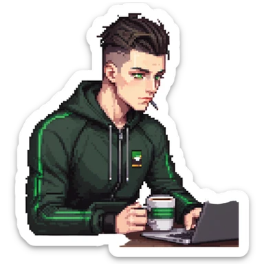 male with dark hair, high fade haircut, high slick back hairstyle, green eyes, wearing a black tracksuit, coding on black laptop, drinking coffee sticker