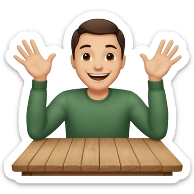 A man is laughing with his head siting on the table and his both hands are knocking the table sticker