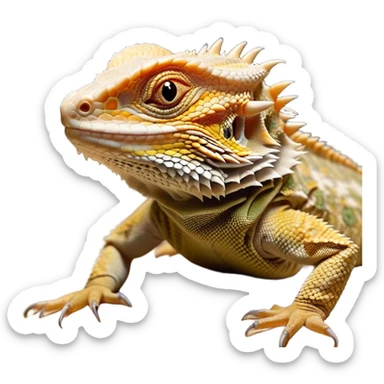 Cinematic Noble Bearded Dragon Portrait Emoji, Poised and regal, with a robust, angular build and a textured, scaled hide in earthy olive and sandy tones, a prominent spiky 'beard' beneath its chin and a keen, alert gaze, Simplified yet sharp and sophisticated features, highly detailed, glowing with a soft, dignified glow, high shine, intelligent and fierce, stylized with an air of desert majesty, focused and attentive, soft glowing outline, capturing the essence of a watchful and commanding reptile, so majestic it feels as though it could scuttle out of the screen with effortless authority! sticker