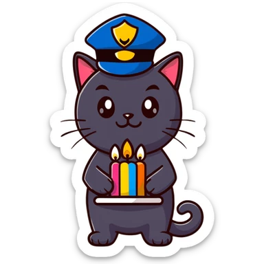 black cat police chief blowing out birthday candles, wearing birthday hat, happy expression, cartoon style, suitable for emoji sticker sticker