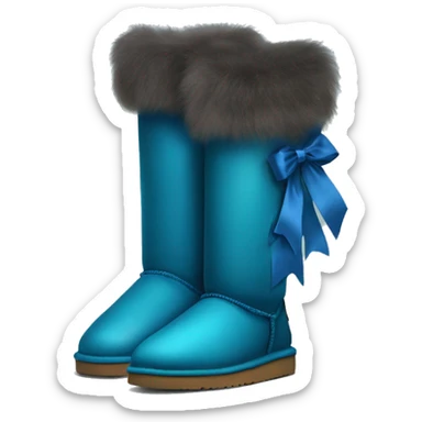 Tall Pair of peacock blue fur Ugg boots with silk ribbon bow. sticker