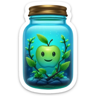 3D render of Firefly Jar, bioluminescent deep sea style, glowing neon blue and green lights, dark background to contrast the glow, translucent organic textures, Apple emoji style. sticker
