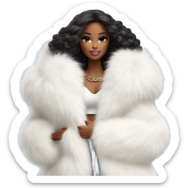 Barbie in an extremely big fluffy oversized white fur coat with hood on. The fur is real and it’s very obvious big and fluffy like in Pinterest  sticker