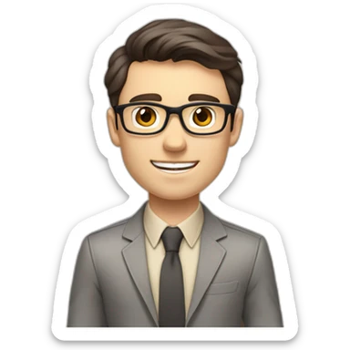 Pale skinned fit man with dark brown hair in gray jacket, beige office shirt, brown tie, brown pants and vintage glasses Writing on the marker board sticker