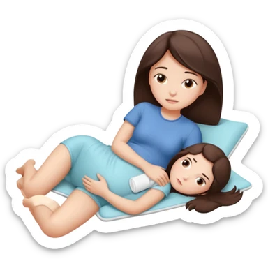  a brunette girl lying down on her side, holding a warm heating pad against her lower belly. She's uncomfortable and sad, her posture should show she’s having menstrual cramps. Use simple lines, rounded shapes, soft colors, and a clean emoji aesthetic. Make it expressive but still adorable sticker
