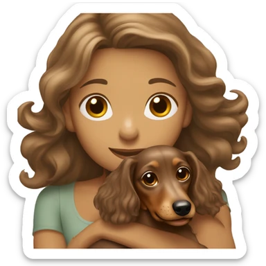 long light brown wavy haired girl hugging a mini long haired dapple dachshund  sticker