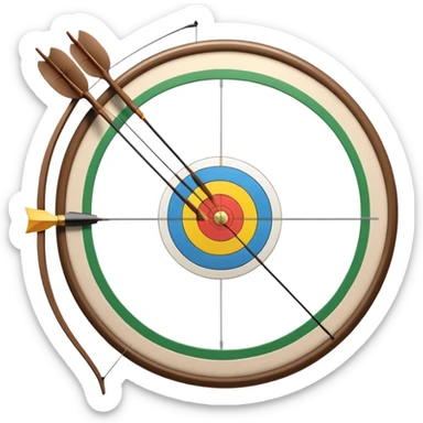 A professional recurve bow with an arrow nocked, ready to be released. The target features concentric rings, placed at a distance. The emphasis is on the bow, arrow, and target, highlighting the precision, focus, and skill involved in competitive archery. sticker
