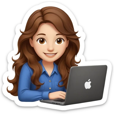 Sitting in front of a laptop in the style of a cute female developer. Not wearing glasses, smiling with long hair waves. Early 20s
 sticker