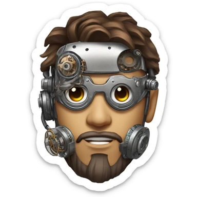 male cyborg head with brown short hair, brown beard, silver steampunk goggles and circuitry sticker