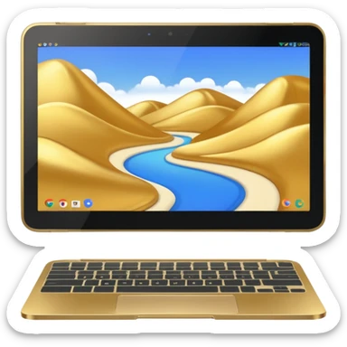Golden Chromebook with a Touchpad and the Google app open on the screen. sticker