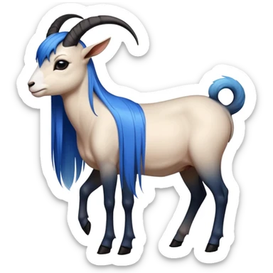 Art of woman's very sexy body scheme anatomy-very long straight black to blue hair ombre-left side view-small goat horns sticker