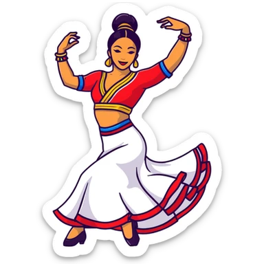 Colombian salsa dancer with vibrant traditional outfit, energetic pose, colorful flowing dress sticker
