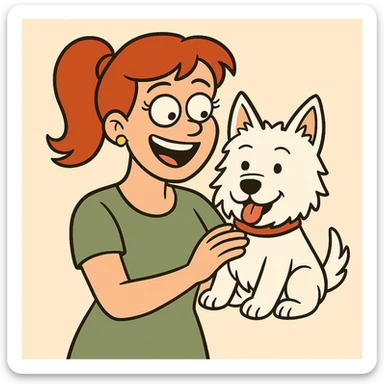 Change the woman's hairstyle to a ponytail, keep the cartoon style and cheerful atmosphere with the Westie dog. sticker