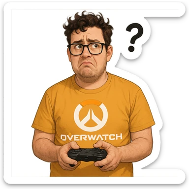 a playful Overwatch fan who rarely plays, holding a controller but looking confused sticker