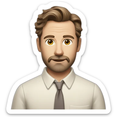 wes anderson character of a 40-year old man with short quiff and beard brown hair with a bit of grey, white oxford collar shirt all buttoned up (no tie) sticker
