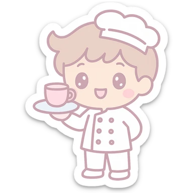 Change the waiter's outfit to white, keep the kawaii chibi anime style with flat pastel colors, thick outlines, and simple cute features, transparent background. sticker