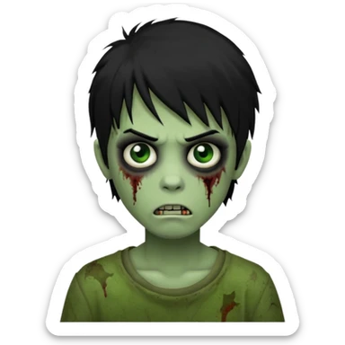 Boy, zombie, black hair, medium long, emo, shaggy, dark, spooky, creepy expression, green skin sticker