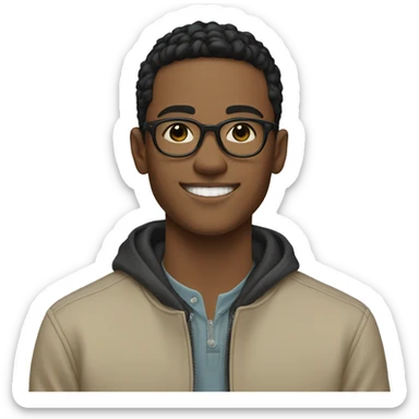 20-year-old young man, smiling, with beige jacket, circular glasses, short black hair sticker