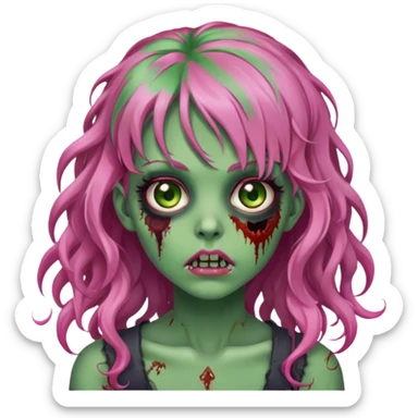 Zombie girl with green skin bangs long curl pink hair and hazel eyes  sticker