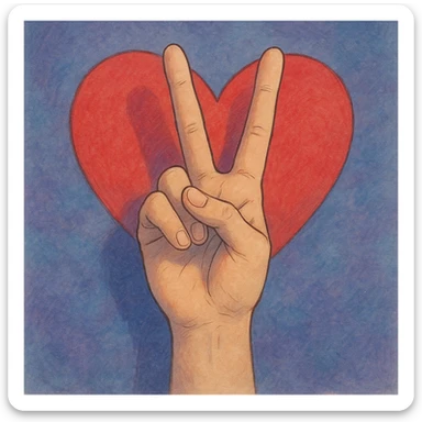 realistic hand making a peace sign, mostly purple and blue, with a red heart in the background, ghibli style sticker