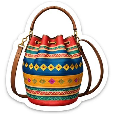cinematic-realistic-image-of-a-traditional-colombian-mochila bucket bag,-rendered-with-detailed-woven-textures-and-vibrant-patterns bucket bag - with **fabric strap** mochila strap sticker