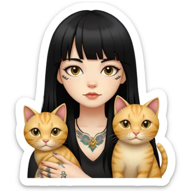 girl with long black  straight bangs hair and tattoos and a golden-shared cat sticker