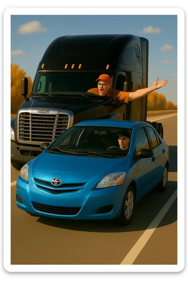 Add a baseball cap to the angry, bald truck driver with glasses and orange shirt, arm out the window. Keep the scene bright and vibrant, with a person in the car in front. sticker