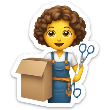 artisan woman with scissors in her hand and a stationery box sticker