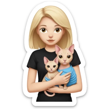 A white girl with light hair in black T-shirt is holding a Sphynx girl cat in her arms sticker