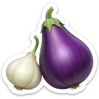 Eggplant beside onion and garlic sticker