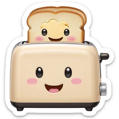 Cute Kawaii Toaster, tiny and square, soft pastel cream with a happy smile, chubby cheeks, two little toast slices popping out, giggling in excitement! sticker