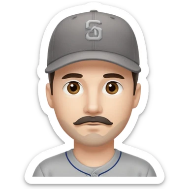 white young male with small dark brown goatee beard and moustache with grey tones wearing a grey baseball cap backwards with hazel eyes sticker