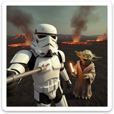 Camera POV, Starwars stormtroopers vlogging selfie, he is walking on lava planet with yoda sticker