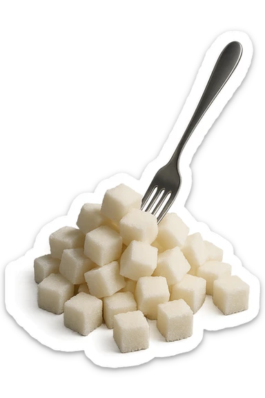 monagna di zollette di zucchero con una forchetta appizzata sopra, iperrealistico 4k sticker