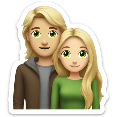 A girl with green eyes and brown long hair hugs a blond guy with green eyes sticker
