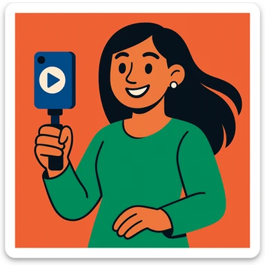 smart, kind, and passionate content creator with long black hair, wearing green clothes, holding a phone or camera, representing a brand marketer and reels maker, modern friendly style sticker