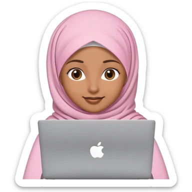 Light brown skin woman wearing light pink hijab with hair showing working behind laptop sticker