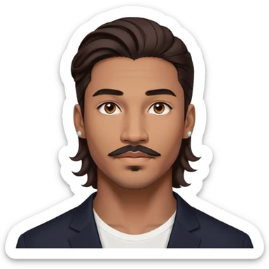 Young man with medium brown skin, mixed-race ethnicity, long wavy dark brown hair with an extremely precise center part exactly aligned with the middle of the face, hair parted perfectly symmetrically on both sides, mustache separated from goatee, medium brown eyes, small diamond stud earrings, floating head only with absolutely no shoulders or neck visible sticker