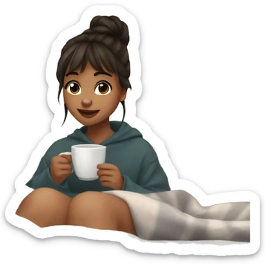 25 years old girl with bangs, bun and brown eyes in a cozy blanket drinking tea sticker