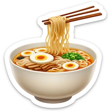 Cinematic Realistic Ramen Dish Emoji, showcasing a steaming bowl of rich broth with noodles and toppings rendered with dynamic textures and inviting, warm lighting. sticker