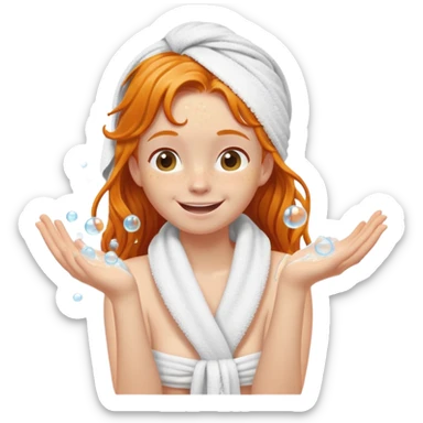 Happy Ginger girl sideways wrapped in towel shower washing long wet hair up in hands soapy bubbles sticker