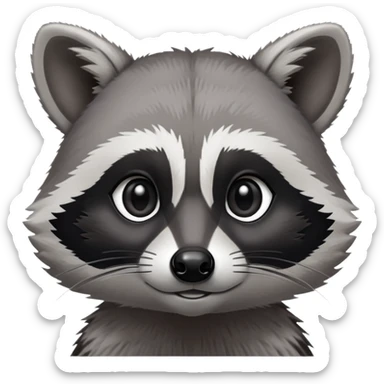 Cinematic-Noble-Raccoon-Portrait-Emoji – Poised and confident, with a sturdy build and a beautifully textured fur of silver-grey accented by dark black facial markings, deep-set, big black eyes, simplified yet sharp and sophisticated zoom out to show shoulders sticker