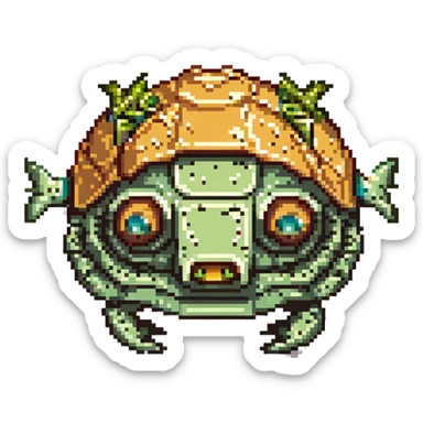 a cyborg robotic salmon who's body is made from a filled crunchy taco, with lettuce salsa meat and cheese. he is fish taco bot man his face and head, tail, and fins are metallic robotic construction, he has a slit visor across his face where his eyes should be like cyclops sticker