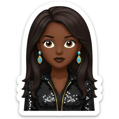 Cindy Herron from En Vogue with long dark brown hair, black sequin outfit sticker