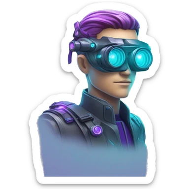 Secret human agent with  cyberpunk elements with a spyglass scanning looking reviewing multicolor lines of code, cyan and purple colors, only upper body portrait sticker