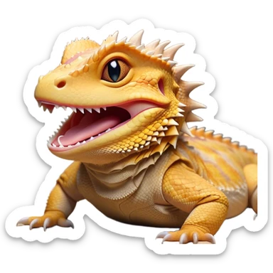 Cinematic Cute Yawning Bearded Dragon Portrait Emoji, Head tilted slightly with a dramatic, wide-open yawn, showcasing a soft, textured scaled hide with its spiky beard partially drooped and eyes barely open in drowsy contentment, Simplified yet irresistibly adorable features, highly detailed, glowing with a soft, cozy glow, high shine, relaxed yet expressive, stylized with a touch of reptilian whimsy, bright and endearing, soft glowing outline, capturing the essence of a sleepy yet affectionate dragon, so drowsy it feels like it could stretch out of the screen and curl up for a nap! sticker