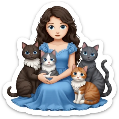 detailed realistic looking a dark grey and white cat regally sitting with six other cats, cuddling with their owner who is a pretty bratz lightly tanned white girl with long dark brown hair, blue eyes and gorgeous long wavy hair wearing a pretty detailed dress sticker