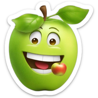 fruit man smiling at the camera with an apple in his hand and pointing behind him sticker