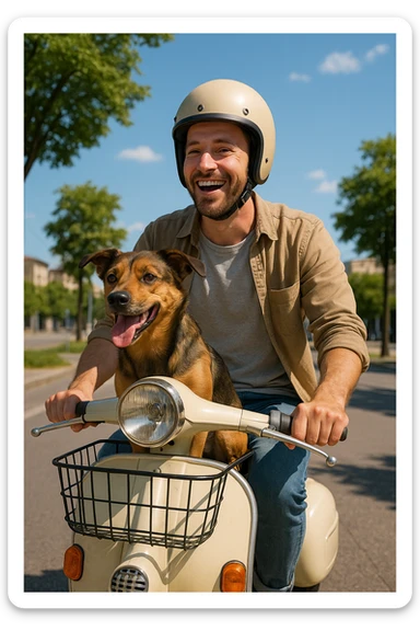 man and his pet dog riding a vespa sticker